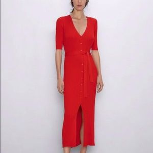 NWT Zara Red Ribbed Dress with Buttons